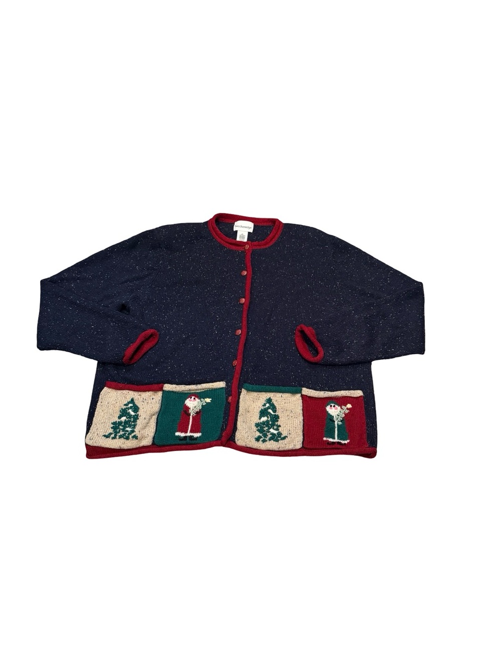 Vintage breckenridge Navy Cardigan with Red Trim and Holiday Pocket Panels